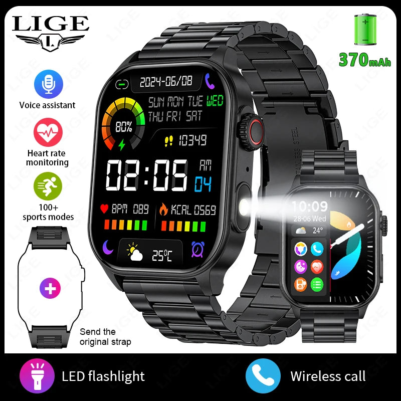LIGE Men's Watch Outdoor Flashlight Military IP68 Waterproof Smart Watch