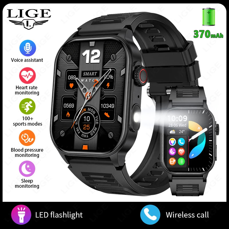 LIGE Men's Watch Outdoor Flashlight Military IP68 Waterproof Smart Watch