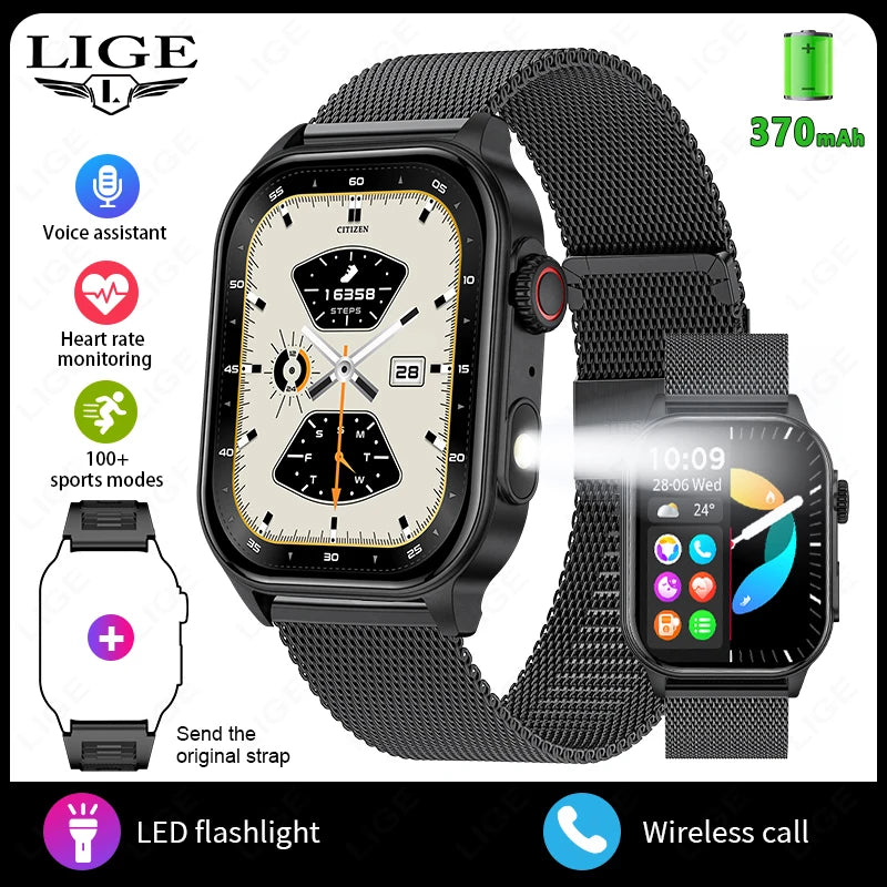 LIGE Men's Watch Outdoor Flashlight Military IP68 Waterproof Smart Watch