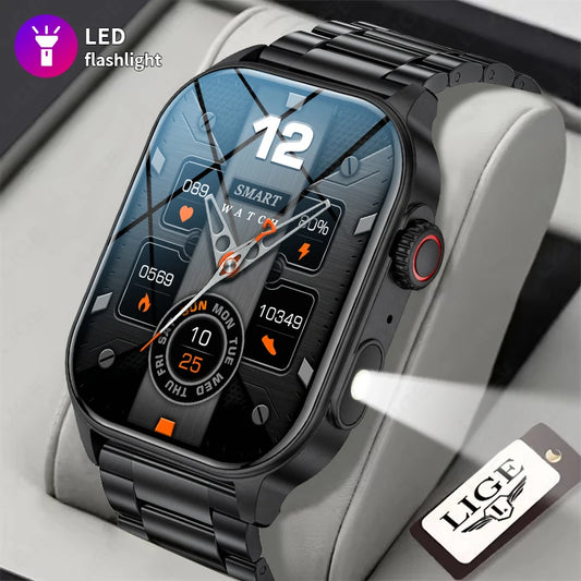 LIGE Men's Watch Outdoor Flashlight Military IP68 Waterproof Smart Watch