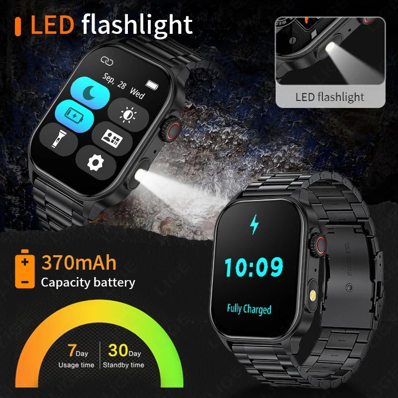 LIGE Men's Watch Outdoor Flashlight Military IP68 Waterproof Smart Watch