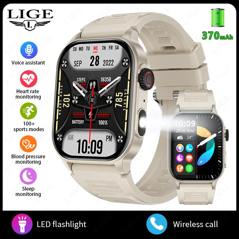 LIGE Men's Watch Outdoor Flashlight Military IP68 Waterproof Smart Watch